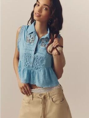 Pilcro Light Blue Eyelet Button-Front Peplum Camisole